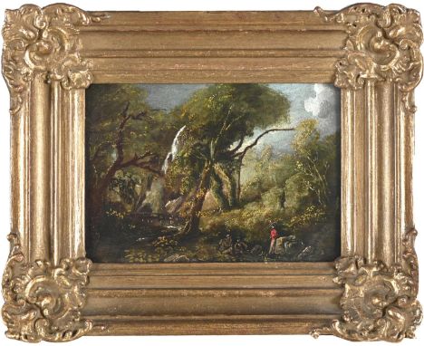 WILLIAM SADLER THE YOUNGER (C.1782-1839). FIGURE BY A WOODLAND CATARACT; FISHERMAN BY A ROCKY RIVER. A pair, oil on panel, Ea