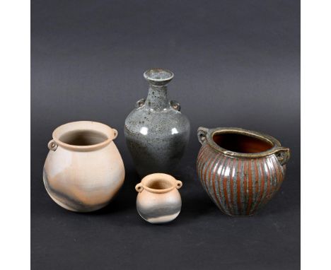 JOHN LEACH (1939-2021) - BURNISHED POT & OTHER ITEMS. (d) A burnished pot with lug handles to each side (17.5cms high), also 