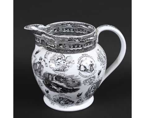 LARGE ENGLISH 19THC TRANSFER PRINTED JUG - TRAINS &amp; FROLICS OF YOUTH. A large interesting black and white transfer printe