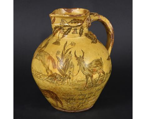 EDWIN BEER FISHLEY (1832-1912), FREMINGTON DEVON SLIPWARE JUG, DATED 1851. A large and impressive Devon pottery slipware jug,