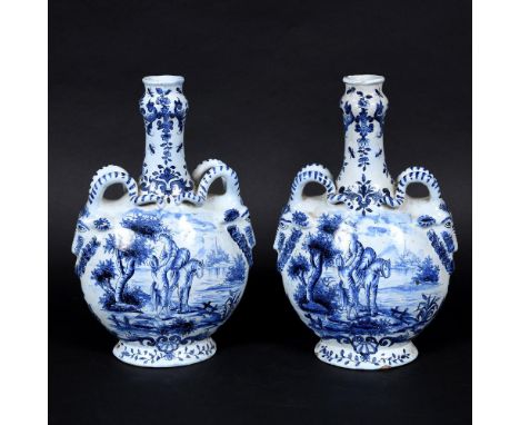 PAIR OF ANTIQUE DELFT VASES - HOLLAND. A pair of delft vases probably 19thc, painted on one side with a fisherman and another