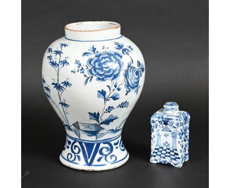 LARGE ANTIQUE DELFT JAR & DELFT MASONIC TEA CADDY. A large delft jar probably 18thc, painted with bamboo and sprays of flower