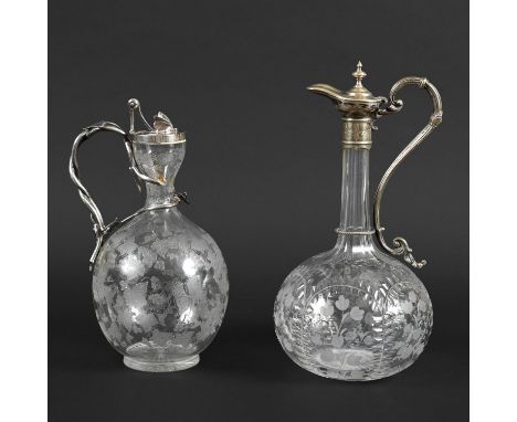 ELKINGTON PATENT CLARET JUG, & ANOTHER CLARET JUG. A claret jug with silver plated mounts, the twisted handle with various le