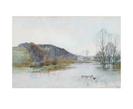 HENRY CHARLES FOX (1855-1929). DUCKS ON A LAKE, AUTUMN. Signed and dated 1889, watercolour, 34.5 x 52.5cm. * Slight fading; a