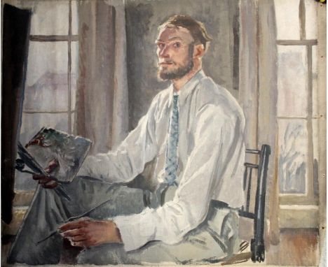 STEPHEN BONE (1904-1958). SELF PORTRAIT OF THE ARTIST IN HIS STUDIO. (d) Oil on canvas, unstretched, 50.5 x 62.5cm;, with a p