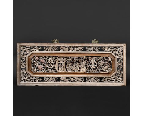 CHINESE CARVED WOODEN PANEL - FIGURES &amp; ANIMALS. Probably late 19thc/early 20thc of rectangular form, intricately carved 