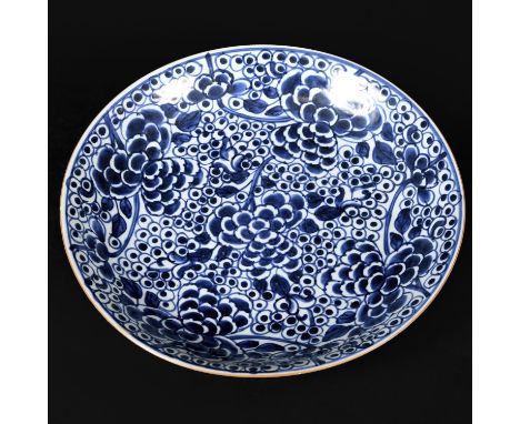 LARGE CHINESE BLUE &amp; WHITE DISH - KANGXI. Kangxi Period (1654-1722), the large blue and white dish painted with peony. Th