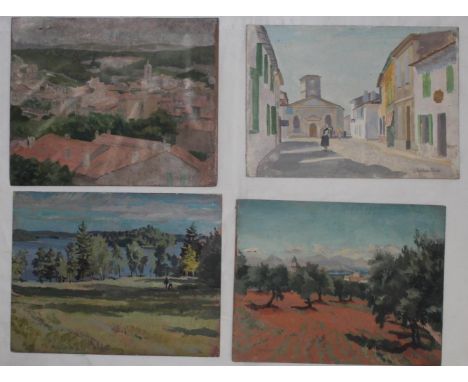 STEPHEN BONE (1904-1958). SWEDEN; HILL TOWN; SPANISH SQUARE; ANOTHER VIEW. (d) Four, three signed and/or inscribed verso, oil