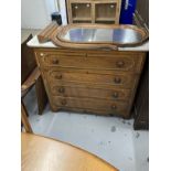 19th cent. Marble topped painted dressing chest of four long drawers on bracket feet, lyre shaped