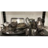 Silver Plate: A collection to include pair of hallmarked silver candlesticks, hip flask, jug, fish