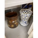 Studio pottery, large glazed terracotta pot in browns and ivories decorated with leaf motifs,