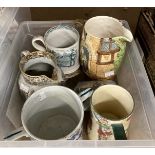 Ceramics: 19th cent. Sponge ware two handled tankard - chip to rim, a transfer printed 19th cent.