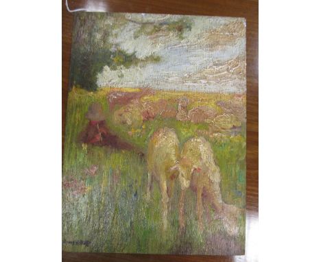 Edward Stott (British, 1859-1918), A Shepherd playing a pipe to sheep in a field, signed lower left "Edward Stott", oil on pa