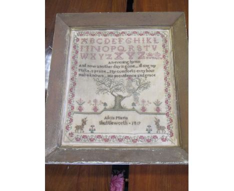 A sampler dated 1819, another (unframed) and a needlework picture (3)  