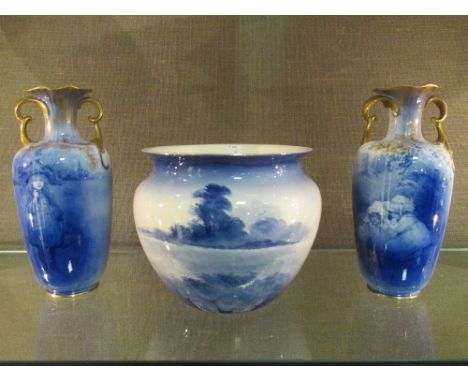 A pair of Doulton blue and white vases together with a planter (3)  