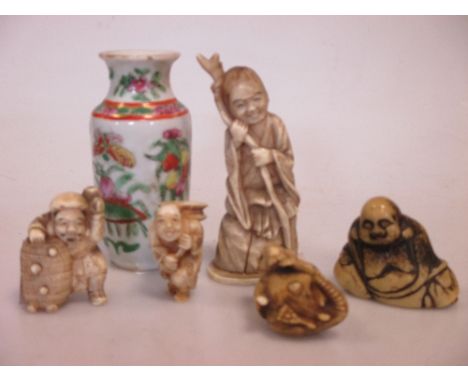 Four 18th century and later netsuke, a Chinese figure, Canton vase and box  