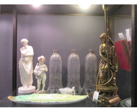 A parian figure of a woman, three glass shades, a brass lamp stand, Carltonware leaf dish, etc  