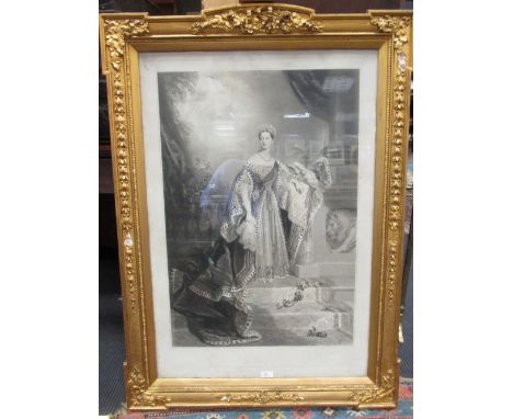 After Alfred Chalon, Portrait of Queen Victoria, engraved by Samuel Cousins, published June 28th 1838, in carved giltwood fra