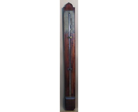 An early 19th century mahogany stick barometer, the brass register signed 'Rayment Junr. Stamford', exposed tube and moulded 