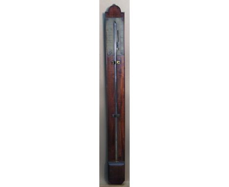 An early 19th century mahogany stick barometer, the brass register signed 'Rayment Junr. Stamford', exposed tube and moulded 