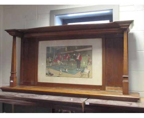 An Edwardian oak overmantle with inset chromolithograph print 'The Fallowfield Hunt'  