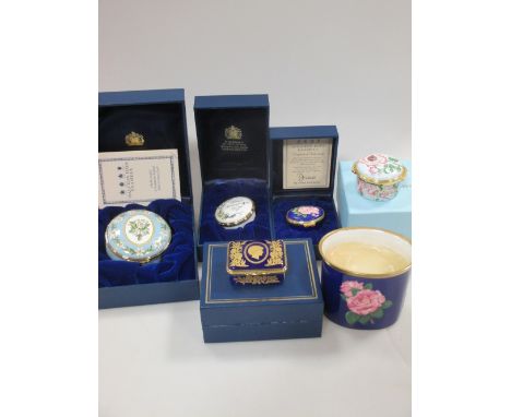 Enamel boxes by Halcyon Days to celebrate The Royal Wedding 1981, and later commemorative boxes (6)  
