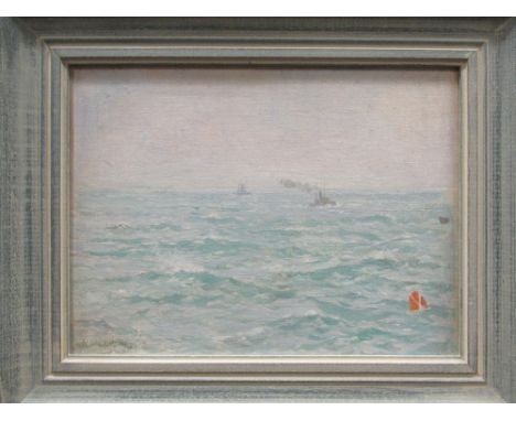 Norman Wilkinson (British 1878 - 1971) Seascape with battleship, oil on board, signed lower left, 21 x 29cm  