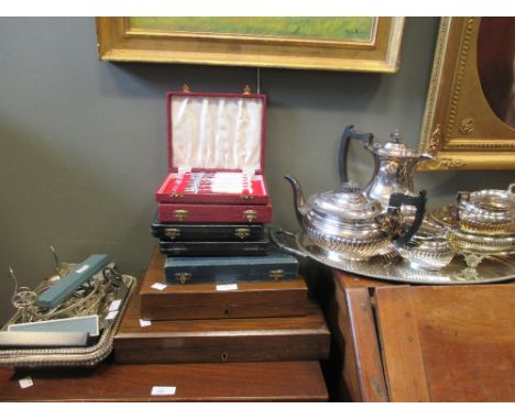 A silver plated tea and coffee service and various plated items  