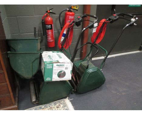 Qualcast Windsor 14S electric mower, and another similar mower with scarifier cassette; together with a ladder  