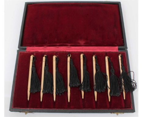 Set of eight 9ct gold bridge pencils with engine turned decoration and engraved dates 1916-1966, sponsor's mark SJR, Birmingh