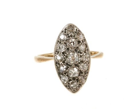 Late Victorian diamond cluster ring, the marquise shape cluster with pavé set old cut diamonds estimated to weigh approximate