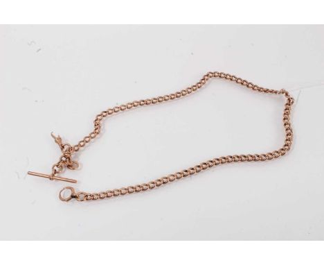 Edwardian 9ct rose gold fob watch chain with curb links, 44cm.Weighs approximately 34.5 grams. The chain is in good condition