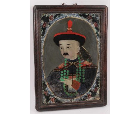 19th century Chinese reverse portrait on glass of a nobleman with a jade necklace, in wooden frame, 39 x 28cm