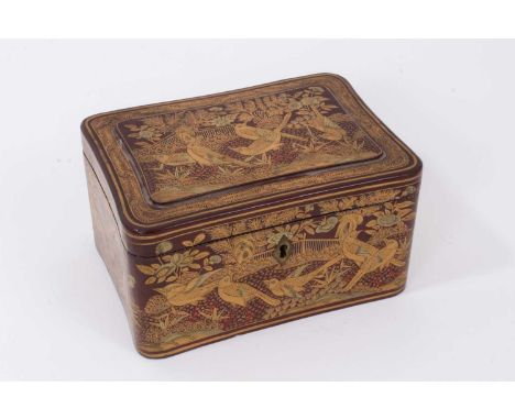 19th century Chinese red lacquered tea caddy, of shaped rectangular outline, decorated in gilt with birds, the hinged cover e