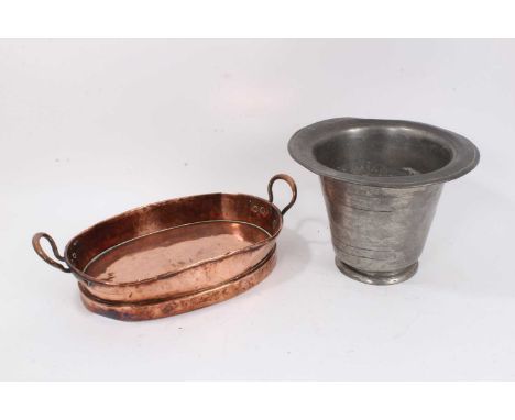 19th century brass twin handled tray, 41cm wide, together with a large 18th/19th century pewter 'Welsh hat' commode, 28cm dia
