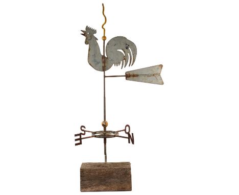 Antique French weather vane, with cockerel ornament and compass ring, mounted on wooden block, total height 145cmGeneral rust