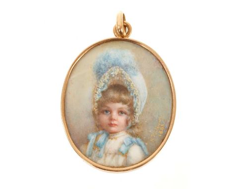 19th century portrait miniature on ivory depicting a portrait of a child, signed and dated 1888, in a glazed gold pendant fra