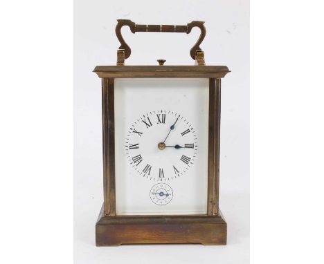 Large French brass cased carriage clock with alarm function, the rectangular white enamel dial in brass case, with key, 19cm.