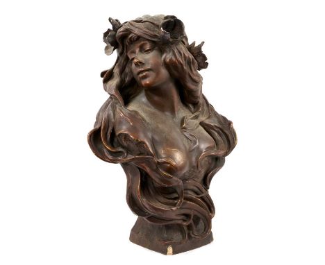 Cherc for Goldscheider - Art Nouveau terracotta bust of a maiden, signed and with stamps to rear, 60cm high