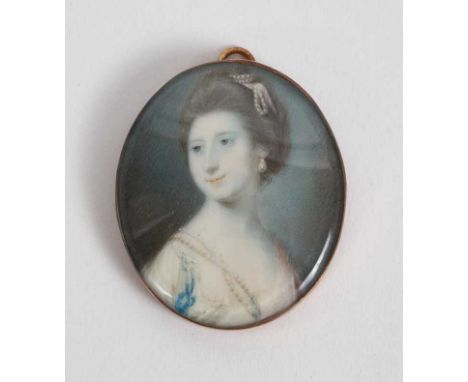 Samuel Cotes (1734-1818) watercolour portrait on ivory, a lady wearing pearls and white dress, apparently unsigned, oval, 3.8