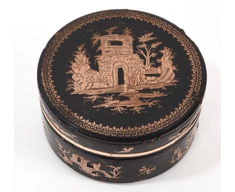 18th century tortoiseshell and gilt snuff box, of circular form, with inlaid picturesque landscape and insect reserves, 8cm d