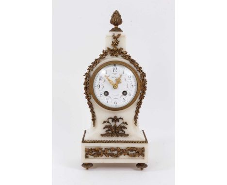 19th century French mantel clock with striking movement, the circular white enamel dial with polychrome floral swags, signed 