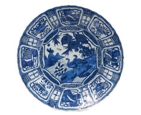 A Chinese Kraak blue and white porcelain dish, 17th/18th century, the central panel decorated with a pair of birds by water, 