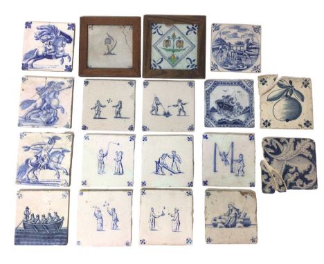 Collection of 18 mostly 18th century blue and white delftware tiles, with various decoration, including equestrian figures, c