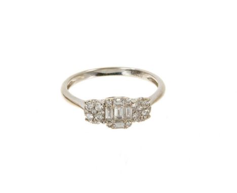 Diamond triple cluster ring with a central rectangular cluster of baguette cut and brilliant diamonds flanked by two circular