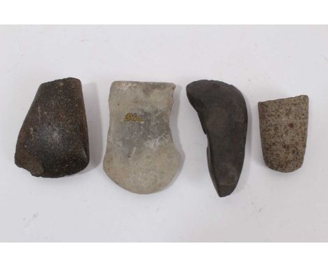 Four aboriginal polished and ground-edge stone axes, two greenstone examples, one fragment and a pale stone axe with collecti