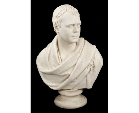 A Victorian Copeland biscuit porcelain bust of Sir Walter Scott, circa 1870, after Sir Francis Chantrey R.A., stamped Copelan