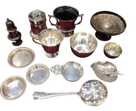 Selection of miscellaneous English and other silver and white metal, including a pepperette, christening bowl and mug, two ha