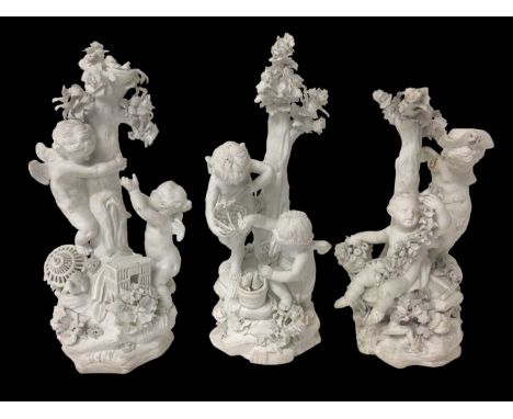 Three 18th century Derby biscuit porcelain groups of three of the four elements, based on the Tournai models by Nicholas-Jose