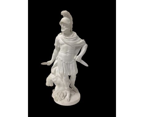 Early 19th century continental bisque figure of Mars, shown wearing classical armour with sword drawn, indistinct marks aroun